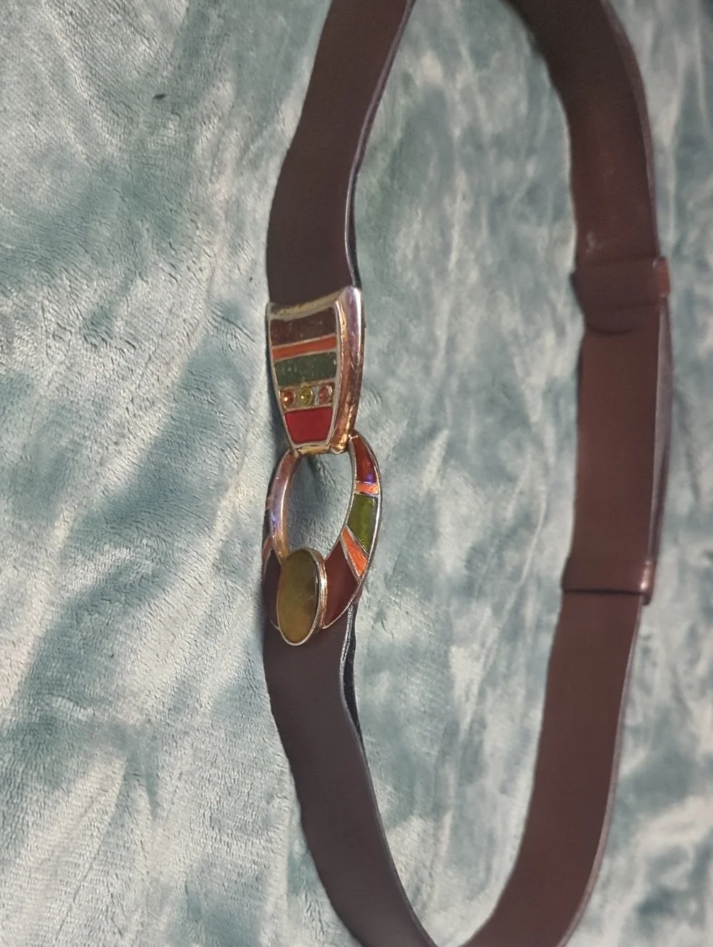 41-Brown Leather Belt w/ Multicolor Enamel Buckle. Medium size Pre-loved.